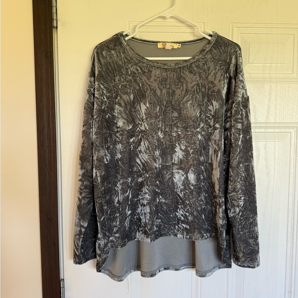 2 for $15 sale: Aryeh silver/ grey crushed velvet long sleeve blouse - M